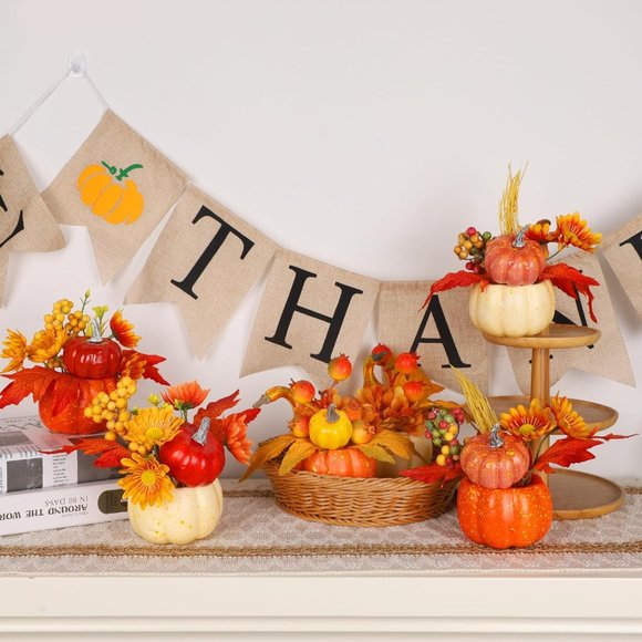 Decorations Set of 6 Artificial Pumpkins, Decorative Pumpkin with Maple Flower - Picture 2 of 7